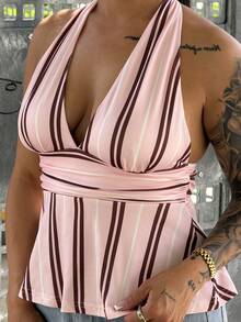 SAYEHFBABY Top sin mangas con cuello halter a rayas rosa y marrón para mujer, estilo vintage americano, para festival, noche de fiesta, club, vacaciones y verano, casual - Multicolor - Ver 6