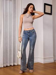 SHEIN 女款休閒 Y2K 百搭日常穿著鈕扣口袋喇叭牛仔褲 夜店風 水藍色 夏季 - 淺色水洗藍 - 查看 8