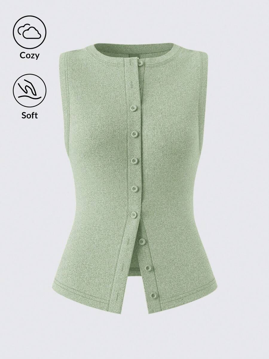 SHEIN BASICS 休閒素色針織圓領無袖修身開襟女款背心 - 綠色 - 查看 1