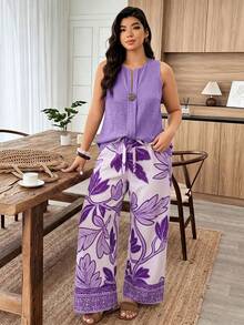 Weeklong Women's Plus Size Spring/Summer Floral Print Button Decor Casual Vacation 2-Piece Set - Multicolor - View 3