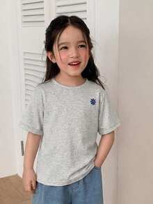 DAZY 寬鬆版型圓領刺繡設計短袖休閒可愛少女夏季T恤 - 灰色 - 查看 4