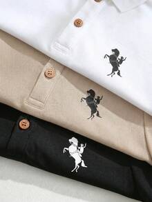 SHEIN 兒童 3件組 小男孩休閒風馬匹刺繡前鈕扣短袖亨利衫，適中厚度，適合夏季度假、日常穿著，四季皆宜 - 彩色 - 查看 4