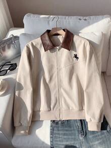 Tween Girls Long Sleeve 1pc Young Girls American Collegiate Style Light Apricot Jacket With Dark Brown PU Leather Collar, Front Zipper Closure - Khaki - View 6
