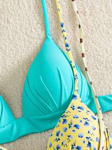 Swim Mod 女款 3 件組掛脖綁帶比基尼上衣套裝，黑色、波點、白色，高質感，多色可選，適合不同度假造型，夏季海灘度假泳裝 - 彩色 - 查看 4
