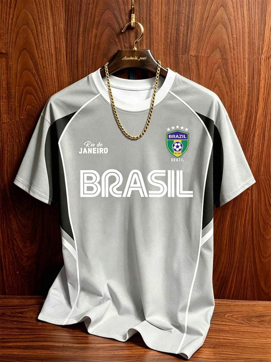Aesthetic Post Brazil BRASIL 字母復古球衣,淺灰色夏季街頭風度假對比色圓領寬鬆足球訓練衫,男士圖案足球T恤 - 彩色 - 查看 1