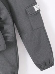 SHEIN 2件組小男孩小女孩兒童休閒學院風舒適時尚極簡實用百搭字母圖案抓絨內裡連帽衛衣與長褲套裝，適合開學第一天，校服，圓領衛衣，兒童服飾，男孩套裝，幼兒男孩衣服，返校季，男孩套裝，適合日常穿著，適合上學，適合外出，適合運動，適合秋冬季節 - 深灰色 - 查看 7