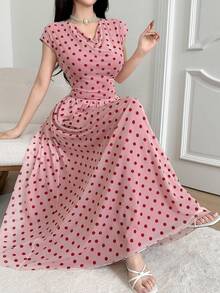 Feyla New French Vintage Polka Dot Cowl Neck Cinched Waist Flared Hem Soft Style Dress - Multicolor - View 5