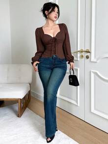 Feyla Kemeja Wanita Lengan Panjang Warna Polos dengan Desain Tali Lubang Kancing - Coffee Brown - View 3