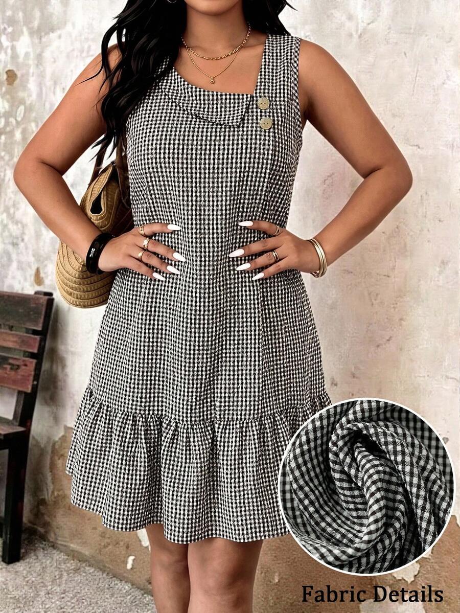 SHEIN LUNE Plus Size Minimalist Plaid Colorblock Ruffle Hem Dress - Black - View 1