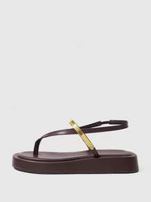 HighSole 女款舒適休閒厚底夾腳涼鞋 綁帶方頭 夏季日常通勤極簡咖啡色厚底涼鞋 - 咖啡棕 - 查看 3