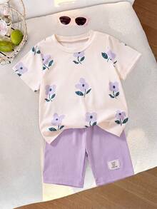 SHEIN Elladie kids 斋月 2 件女童花卉印花圆领短袖 T 恤和条纹修身裤套装，休闲甜美夏季服装 - 紫色 - 查看 4