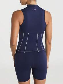 11SKNDS Sleeveless Mock Neck Half-Zip Athletic Tank Top With Contrast Piping Detail And Structured Corset-Style Waist Panel With Sweat-Wicking, Stretchy, Breathable, Quick-Dry & Buttery-Soft, For Gym Workout Fitness Yoga Pilates Studio, Running, Training & Hy-Rox - Royal Blue - View 2
