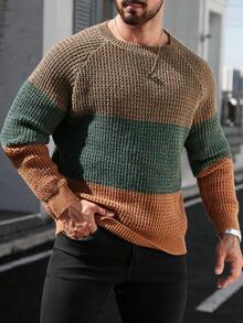 Manfinity Homme Men's Plus Size Colorblock Raglan Long Sleeve Casual 80s Sweater Vacation Work Khaki Autumn - Multicolor - View 3
