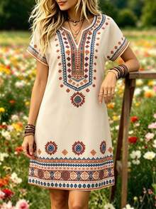 Selamara Notched V-Neck Short Sleeve Waist-Cinching Long Dress For Women - Apricot - View 4
