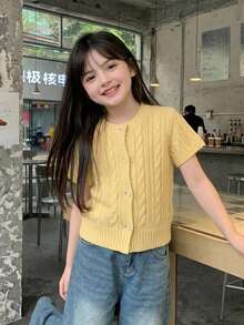 DAZY 可愛秋季短袖針織毛衣上衣，適合年輕女孩夏季穿著 - 黃色 - 查看 2