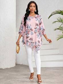 SHEIN Lady 女款優雅花卉印花不對稱下擺襯衫 - 粉色 - 查看 6