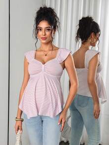 Momance Maternity Top With Ruffle Short Sleeves, Lace Collar, Sweetheart Neckline, Bow Detail, A-Line Hem, Single Layer White Design Baby Shower Casual - Pink - View 8