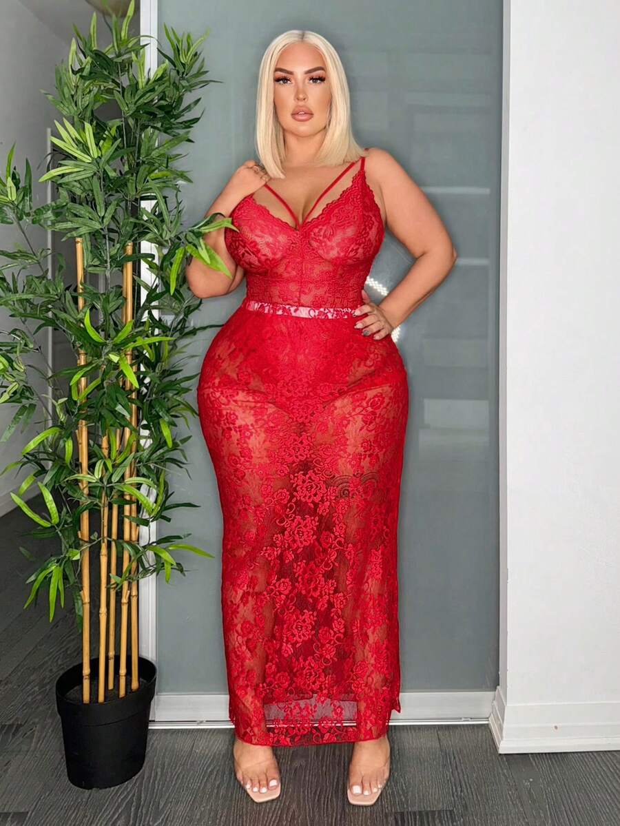 SHEIN SXY 大尺碼女裝時尚純色蕾絲連身衣 - 紅色 - 查看 1