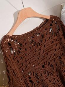 CosyJoli Plus Size Women's Hollow Out Design Round Neck Long Sleeve Loose Knit Sweater - Rust Brown - View 4