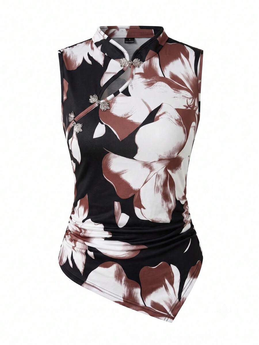 SHEIN PariChic Women's Floral Print Frog Button Design Asymmetric Hem Tank Top - Black - View 1