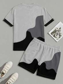 Sorvial Set Kaos dan Celana Pendek Kasual Musim Panas Pria dengan Motif Blok Warna - Grey - View 3