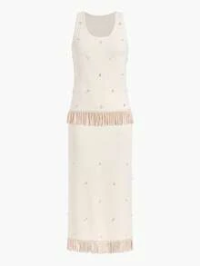 MOTF WOMEN'S RHINESTONE DECOR TASSEL HEM SLEEVELESS KNIT TOP AND KNIT SKIRT 2 PIECES SET - Apricot - View 3