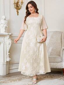 Reflora Plus Size Women Square Neck Jacquard Casual Party Summer Dress - Apricot - View 7