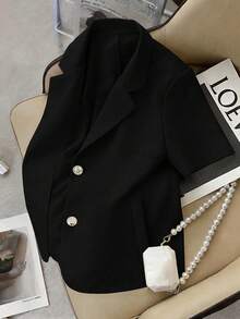 GlowEve CURVE Plus Size Women's Apricot Short Sleeve Straight Loose Fit Faux Pocket Open Front Elegant Sophisticated Casual Commute Thin Blazer Jacket Spring Summer - Black - View 3