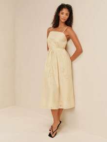 lacRébo Pale Yellow Embroidered Loose Fit Square Neck Midi Dress With Strap At The Waist Summer Holiday Cute French Elegant Cotton Blended Brunch Vacation - Light Yellow - View 4