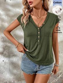 SHEIN LUNE Women's Casual Summer Vacation Commute Daily Basic Fashion Outing Outfit Short Sleeve V-Neck T-Shirt - Green - View 5