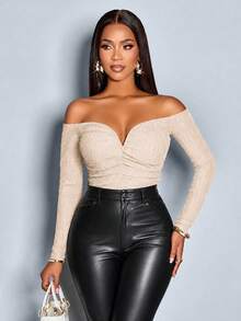 SOLERSUN Off Shoulder Ruched Crop Tee For Women, Textured Long Sleeve Slim Fit Sweetheart Neck T-Shirt - Apricot - View 3