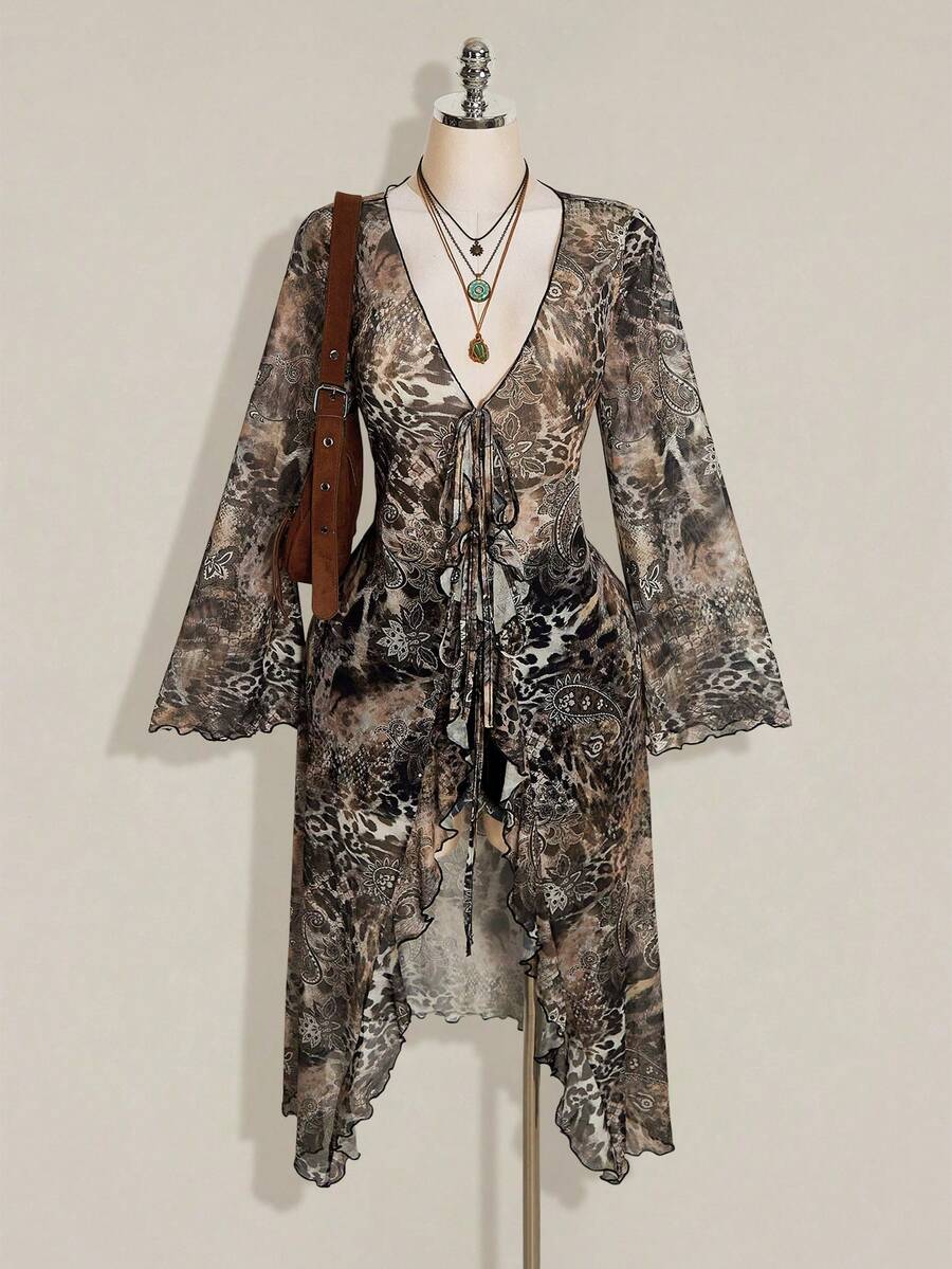 SHEIN ICON 女款大尺碼佩斯利印花前綁帶上衣 - 灰色 - 查看 1