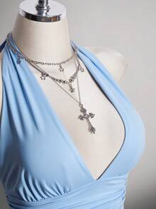 SHEIN ICON 大尺碼掛脖深V領收腰A字露背波點背心，復古Y2K波點掛脖背心，娃娃裝波點掛脖露背上衣 - 藍色 - 查看 8