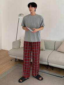 DAZY Grey T-Shirt Set With Men's Plaid Home Wear, Spring/Summer Pajama - Multicolor - View 3
