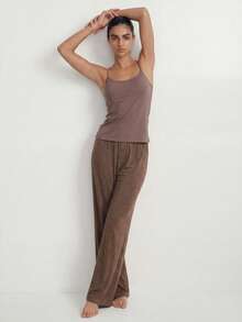 Ocili Studio Women's Spring/Summer Basic Casual Comfortable Brown Knit Camisole Top With Shell Button Placket Decor And Straight Leg Pants Loungewear Set - Brown - View 4