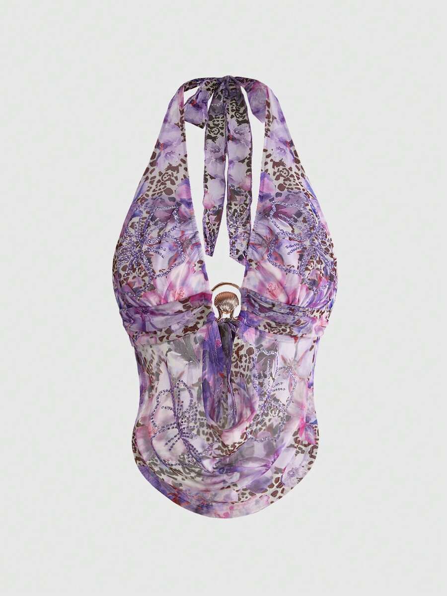 ROMWE Tank Top Wanita Gaya Vintage Liburan Pulau Seksi Y2K Millennium Hot Girl Style dengan Leher Berlipat dan Hiasan Berlian Imitasi Merah Muda serta Trim Berumbai - Purple - View 1
