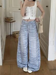DAZY Celana Jeans Denim Wanita Model Longgar Gaya Korea Motif Mutiara Seluruh Permukaan, Cocok untuk Musim Panas, Sehari-hari, Sekolah, Warna Biru Muda, Lucu - Biru - View 3