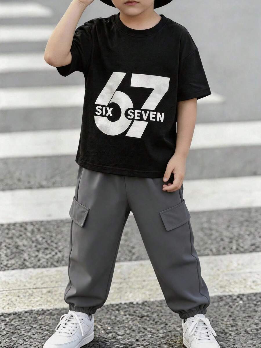 Casuvi Kids 男童2件套休閒百搭套裝 春/夏新款 印花黑色短袖T恤搭配工裝錐腳長褲 - 彩色 - 查看 1