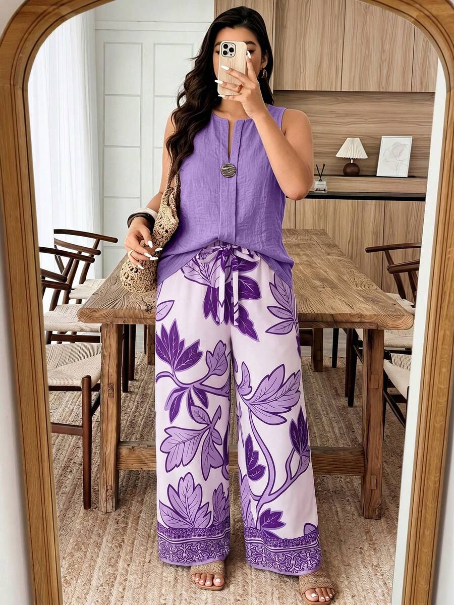 Weeklong Women's Plus Size Spring/Summer Floral Print Button Decor Casual Vacation 2-Piece Set - Multicolor - View 1