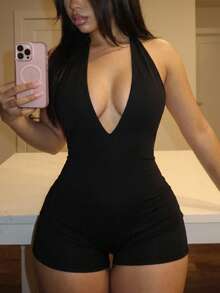 SHEIN SXY 夏季女士黑色時尚運動短褲背心連體褲 - 黑色 - 查看 4