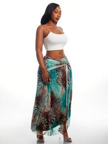 SHEIN SXY Blue-Green Animal Print High-Elastic Knit Mesh Skirt With Tie Detailing, High Waistline, Asymmetrical Design. Vacation Skirt, Beach Sexy Autumn - Multicolor - View 6
