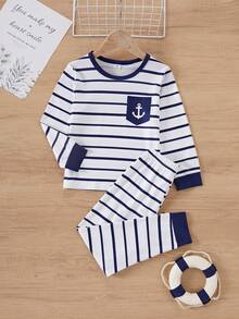 SHEIN Vintaside Kids 2件組男孩長袖休閒條紋寬鬆套裝，秋季慵懶休閒風，送給男孩的最佳禮物 - 藏蓝色 - 查看 9