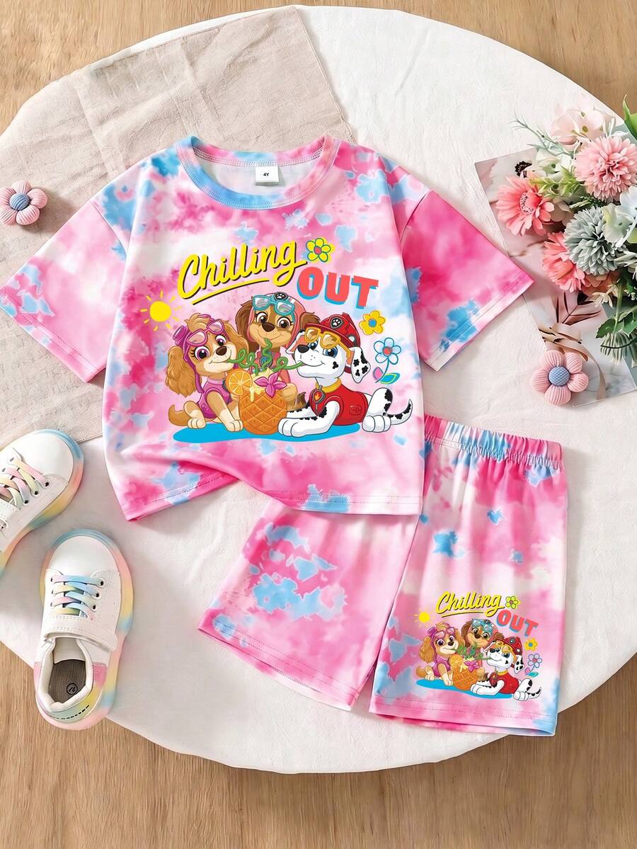SHEIN | PAW Patrol GraphicGems 女童夏季2件套 粉藍漸染可愛卡通印花短袖上衣與短褲 - 粉色 - 查看 1