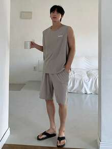 DAZY 男士夏季字母印花灰色背心和短裤休闲服套装睡衣 - 灰色 - 查看 3