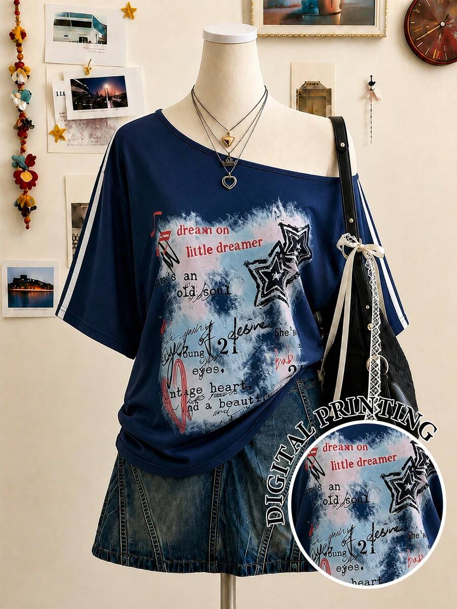 Lalippa 美式星星字母塗鴉不對稱領短袖T恤,對比色條紋寬鬆性感女款上衣 - 彩色 - 查看 1