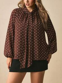 Freevana French Retro Elegant | Brown Polka Dot Sheer Chiffon Long Sleeve Blouse Neck Bow Loose Fit Top - Coffee Brown - View 3