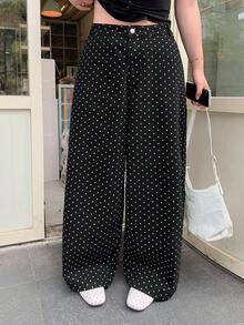Dazy Plus Polka Dot Loose Casual Jeans For Girls, All-Season Versatile, Plus Size, Black, Spring/Autumn Cute Tops - Black - View 4