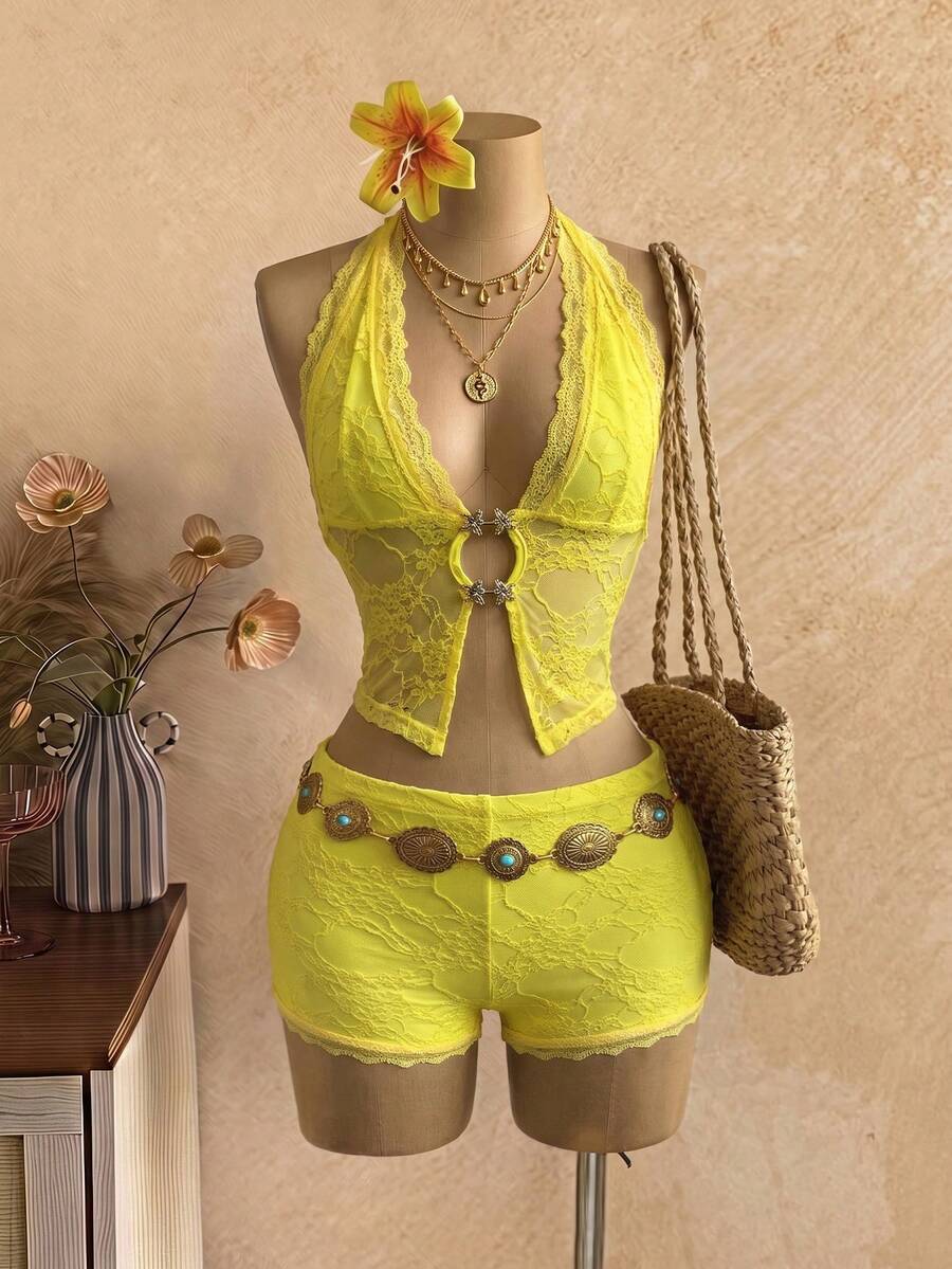 EgrlEra Women's Sexy Tropical Hot Girl Neon Yellow Lace Semi-Sheer V-Neck Exposed Waist Beach Vacation 2 Pieces Set Summer - Yellow - View 1