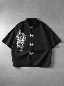 ROMWE MEN Men's Street Print Frog Button Loose Collar Shirt - Black - View 1