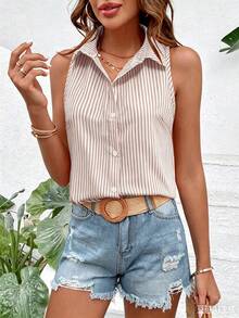 SHEIN Holidaya 女款夏季法式優雅通勤翻領無袖寬鬆百搭粉色與白色條紋休閒開襟襯衫 - 卡其色 - 查看 4